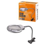 Лупа настольная круглая, d 105 мм, 2-х/5-ти крат. увел., клипса, гиб. штанга, LED подсв., 3хААА, TDM