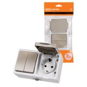 Блок (горизонтальный) выключатель 2-кл. + розетка 2П+З с з/ш БКВР IP54 серый «Вуокса» TDM