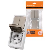 Блок (вертикальный) выключатель 2-кл. + розетка 2П+З с з/ш БКВР IP54 серый «Вуокса» TDM