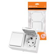 Блок (горизонтальный) выключатель 1-кл. + розетка 2П+З с з/ш БКВР IP54 белый «Вуокса» TDM